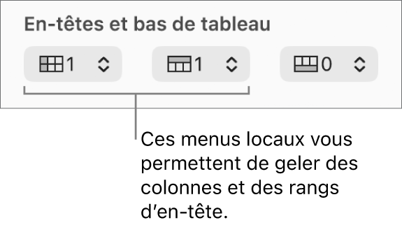 Menus locaux permettant d’ajouter des colonnes et rangs d’en-tête et de bas de tableau, et de bloquer les rangs et colonnes d’en-tête.