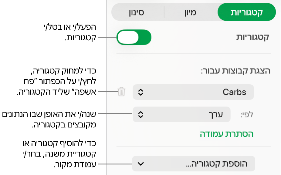 סרגל הצד של קטגוריות עם אפשרויות לביטול קטגוריות, מחיקת קטגוריות, סידור מחדש של נתונים בקבוצות, הסתרת עמודת מקור והוספת קטגוריות.