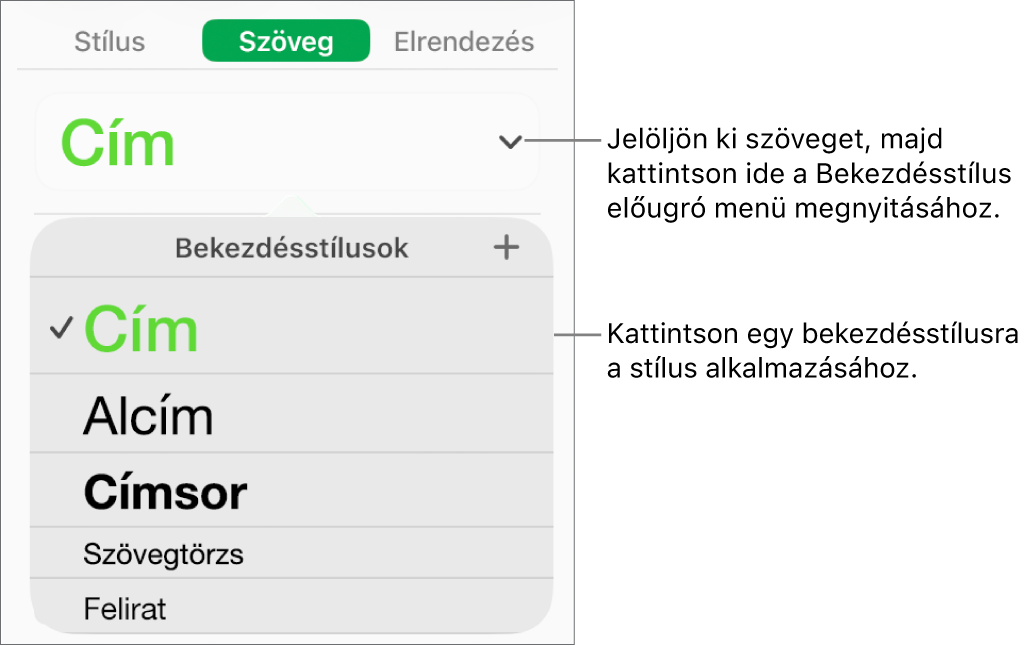 A Bekezdésstílusok menü.