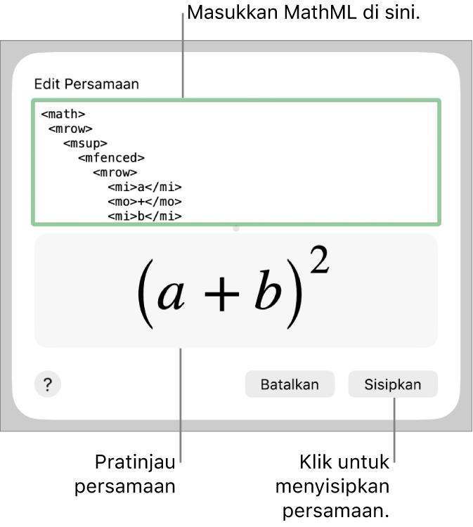 Persamaan untuk kemiringan garis di bidang Edit Persamaan, dan pratinjau formula di bawah.