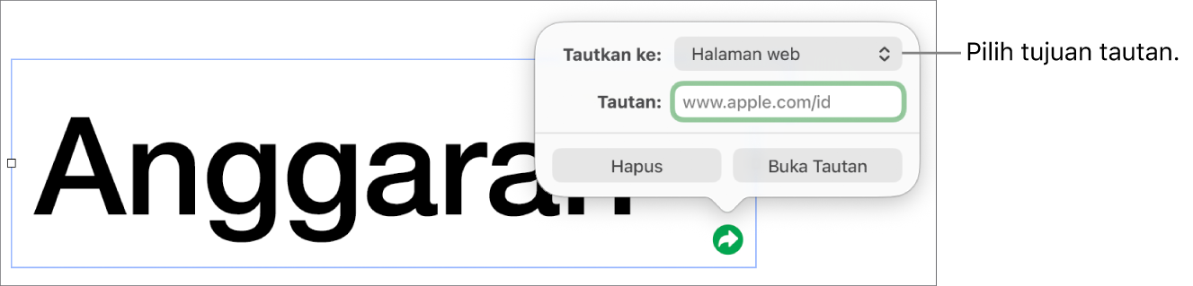 Kontrol editor tautan dengan Halaman Web dipilih dan tombol Hapus serta Buka Tautan di bagian bawah.