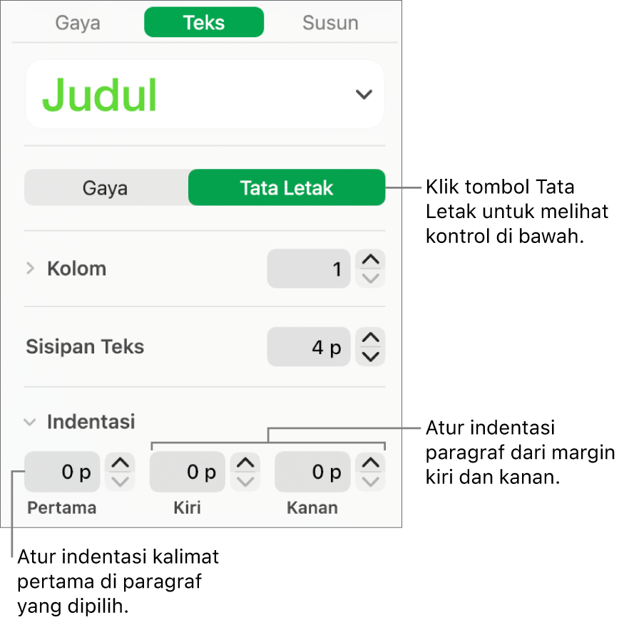 Bagian Tata Letak pada bar samping Format menampilkan kontrol untuk mengatur indentasi baris pertama dan margin paragraf.