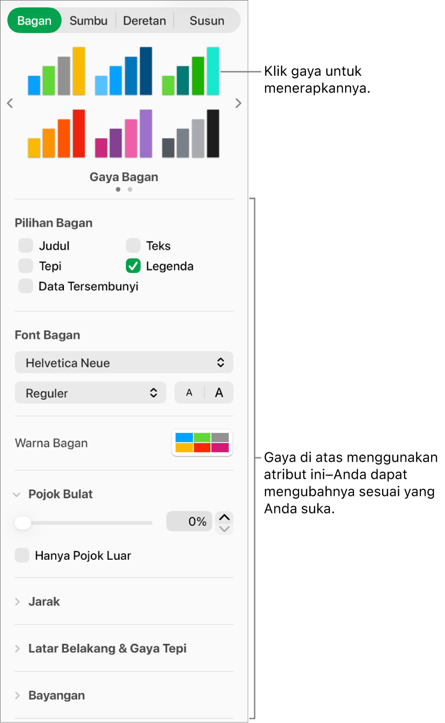 Bar samping Pemformatan menampilkan kontrol untuk bagan pemformatan.
