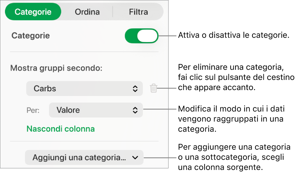 La barra laterale delle categorie con opzioni per disattivare le categorie, eliminare le categorie, raggruppare i dati, nascondere una colonna sorgente e aggiungere le categorie.