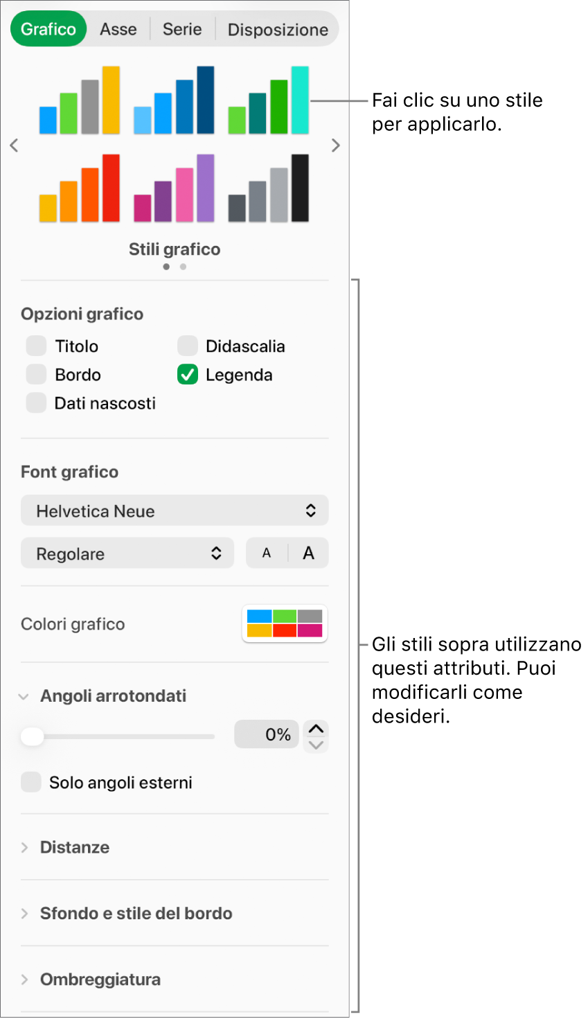 Barra laterale Formattazione con i controlli per formattare i grafici.