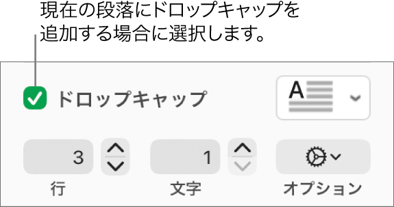 「ドロップキャップ」チェックボックスが選択されていて、その右側にポップアップメニューが表示されています。その下に、行の高さ、文字数、およびその他のオプションを設定するためのコントロールが表示されています。