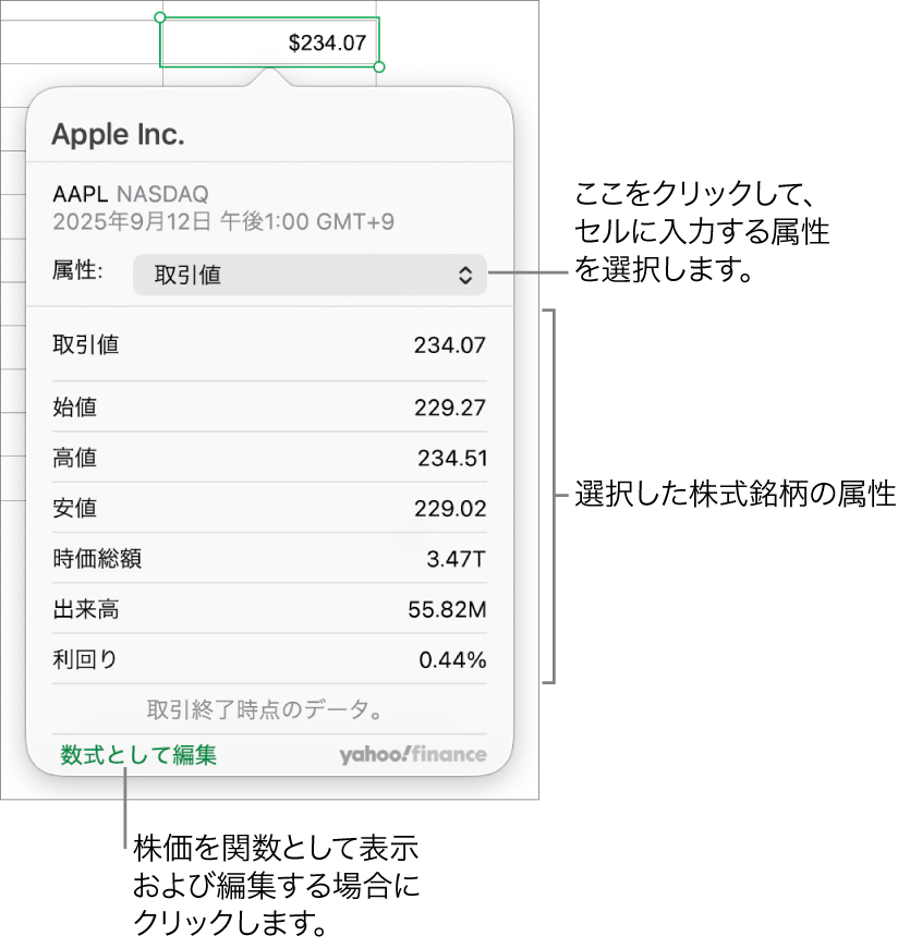 銘柄属性情報を入力するためのダイアログ。Appleが銘柄として選択されています。