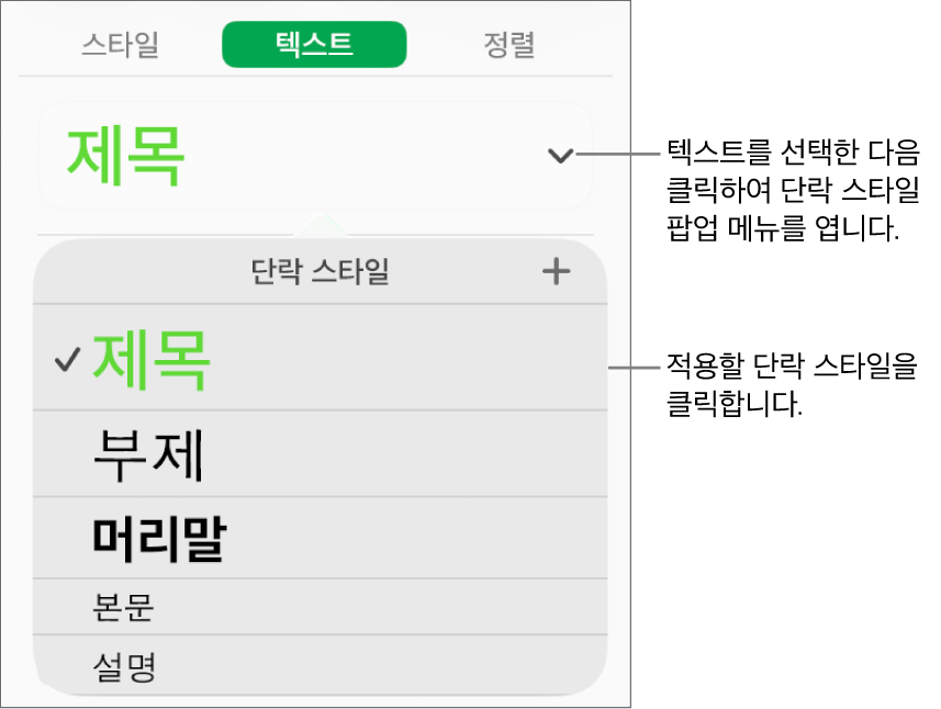 단락 스타일 메뉴.