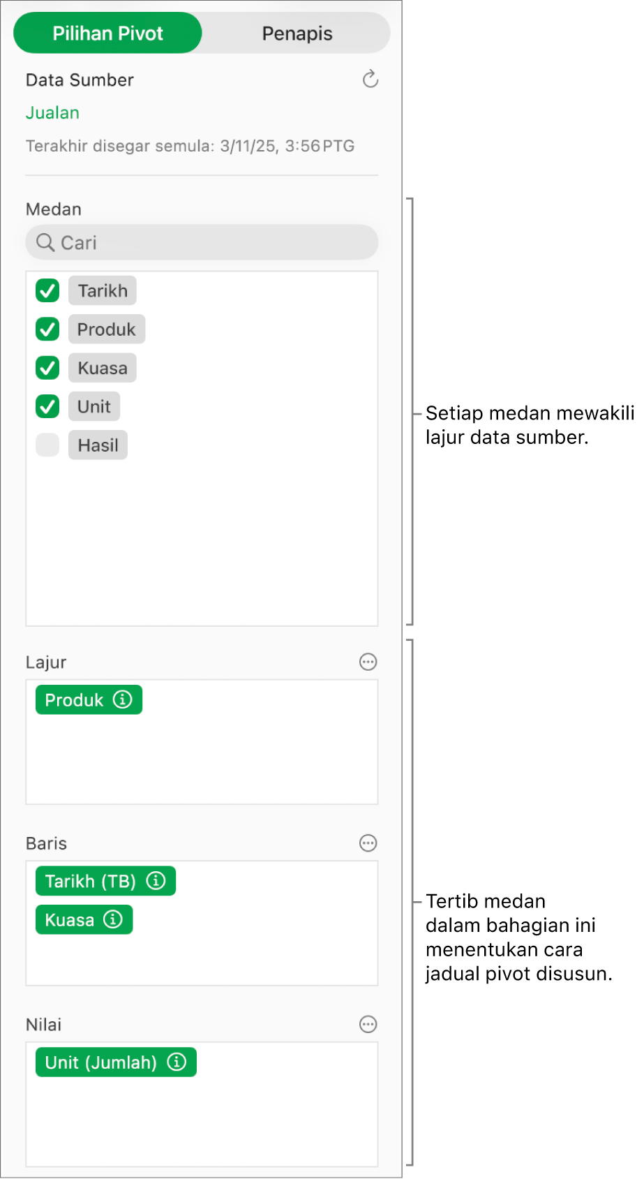 Menu Pilihan Pivot menunjukkan medan dalam bahagian Lajur, Baris dan Nilai, juga kawalan untuk mengedit medan dan menyegar semula jadual pivot.
