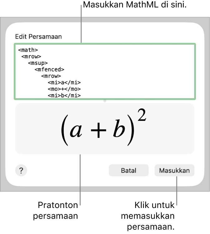 Persamaan untuk cerun garis dalam medan Edit Persamaan dan pratonton formula di bawah.