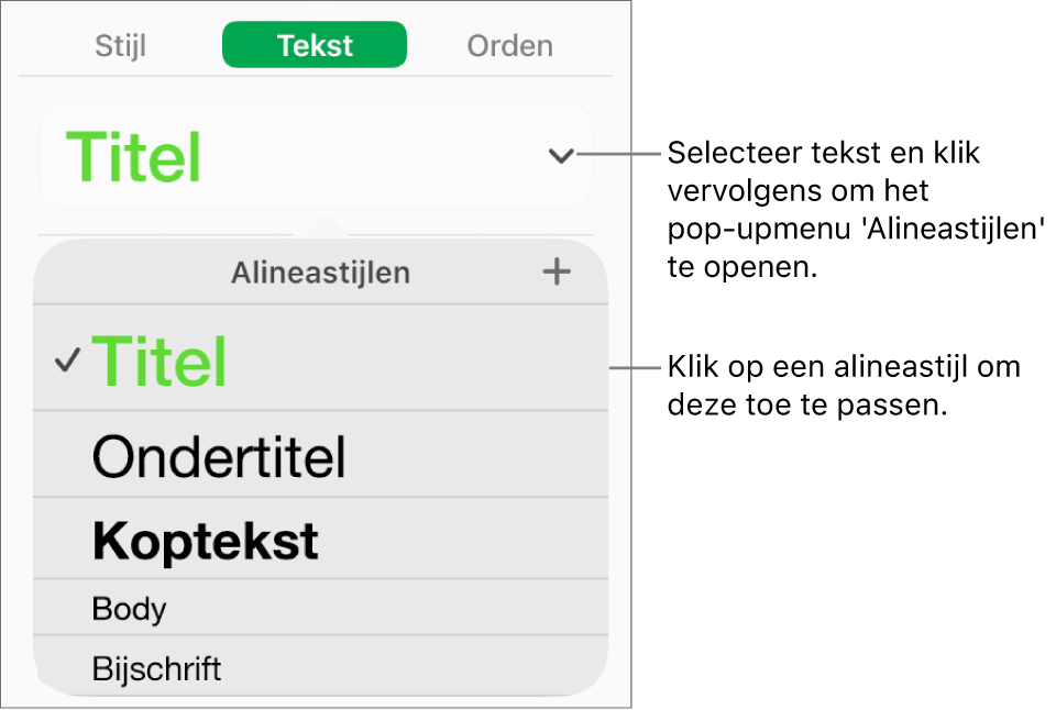 Het menu 'Alineastijlen'.