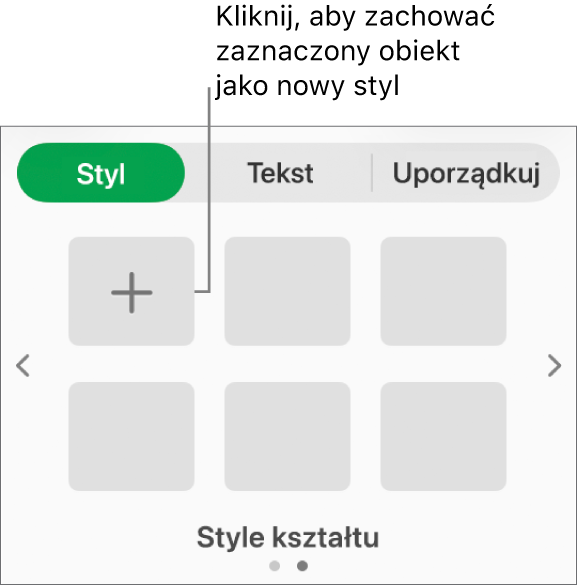 Karta Styl na pasku bocznym Format, zawierający cztery style obrazka, przycisk Utwórz styl, a także jedno puste pole przeznaczone na styl.
