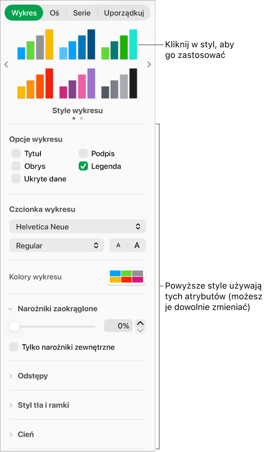 Pasek boczny formatowania zawierający narzędzia formatowania wykresów.