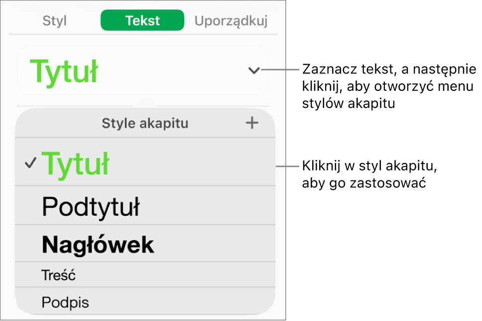 Menu stylów akapitu.