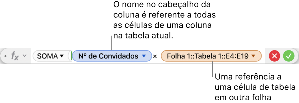 Editor de Fórmula mostrando uma fórmula referente a uma coluna de uma tabela e a uma célula de outra tabela.