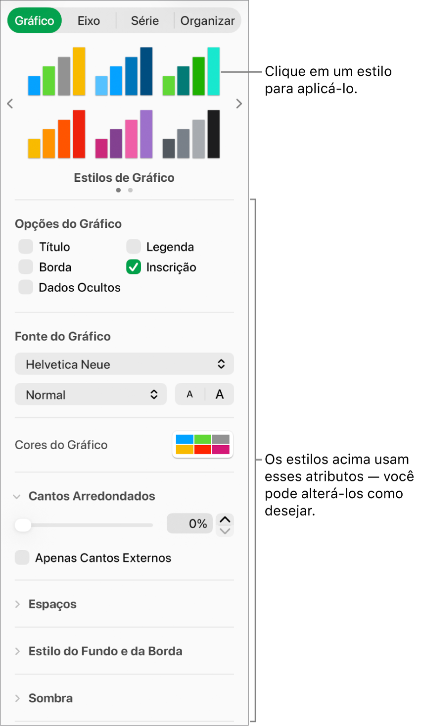 Barra lateral Formatar mostrando os controles para formatar gráficos.