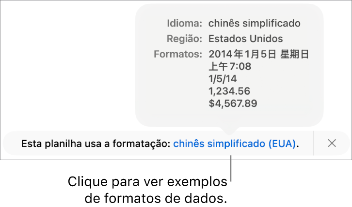 A notificação da configuração diferente de idioma e região, com exemplos de formatação no idioma e região diferentes.