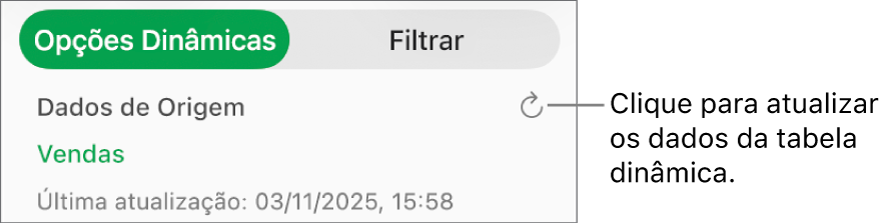 Aba Opções Dinâmicas mostrando a opção de atualizar a tabela dinâmica.