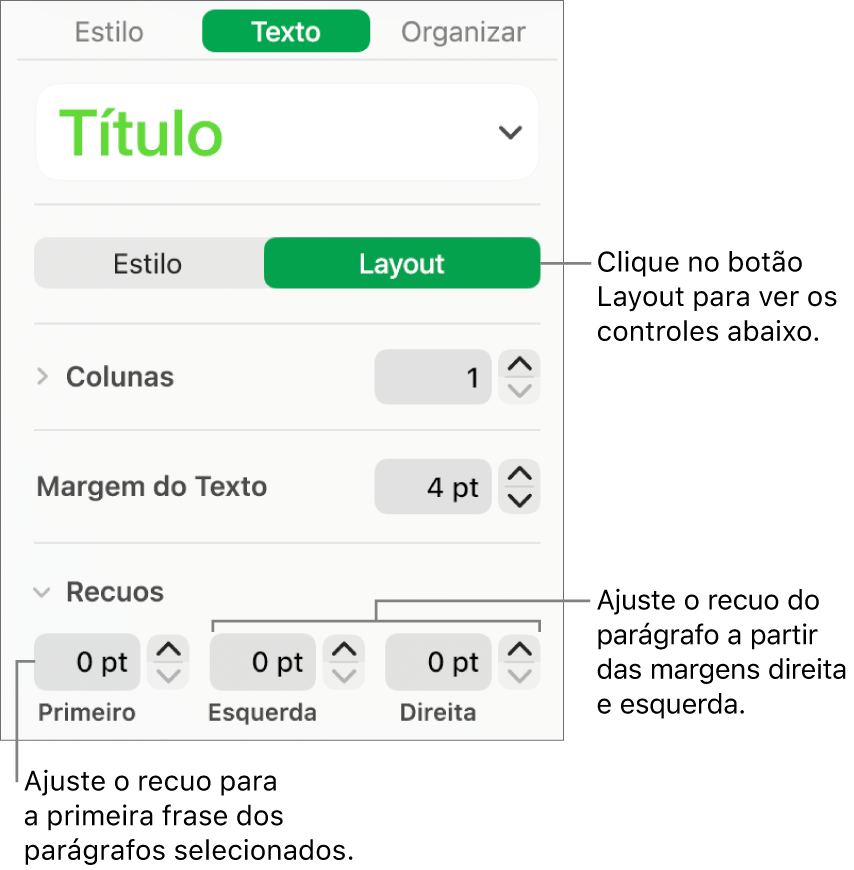 Seção Layout da barra lateral Formatar mostrando controles para ajuste do recuo da primeira linha e das margens do parágrafo.