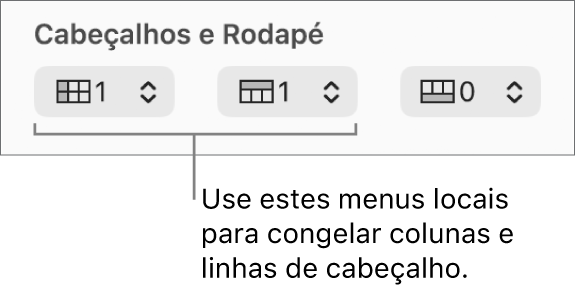 Menus locais para adição de colunas e linhas de cabeçalho e rodapé a uma tabela e para congelamento de linhas e colunas de cabeçalho.
