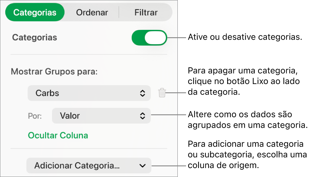 A barra lateral de categorias com opções para desativar categorias, excluir categorias, reagrupar dados, ocultar uma coluna de origem e adicionar categorias.