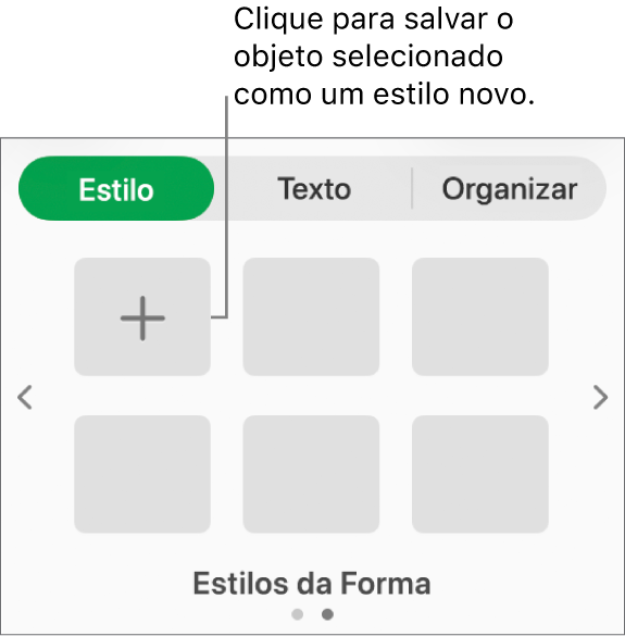Aba Estilo da barra lateral Formatar com quatro estilos de imagens, um botão Criar Estilo e um marcador de posição de estilo vazio.