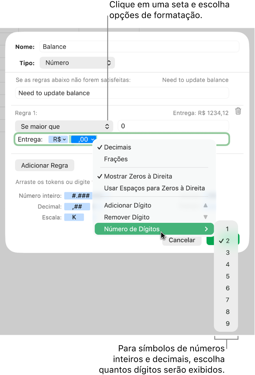 Janela de formato personalizado de célula, com controles para escolha de opções de formatação personalizadas.