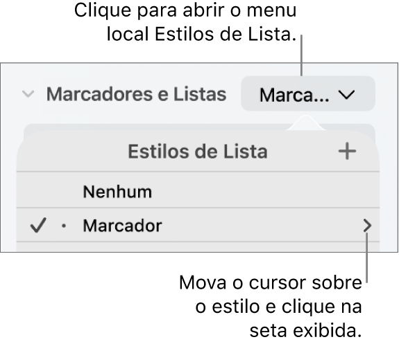O menu pop-up Estilos de Lista com um estilo selecionado e uma seta em sua extrema direta.