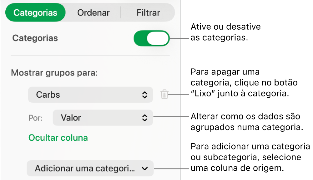 A barra lateral das categorias com opções para desativar as categorias, apagar categorias, reagrupar dados, ocultar uma coluna de origem e adicionar categorias.