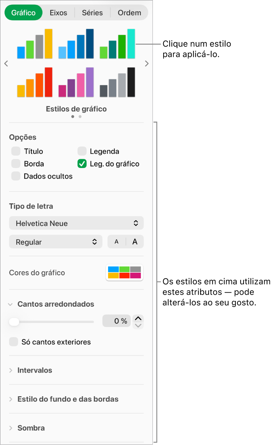Barra lateral "Formatação” a mostrar os controlos para formatar gráficos.