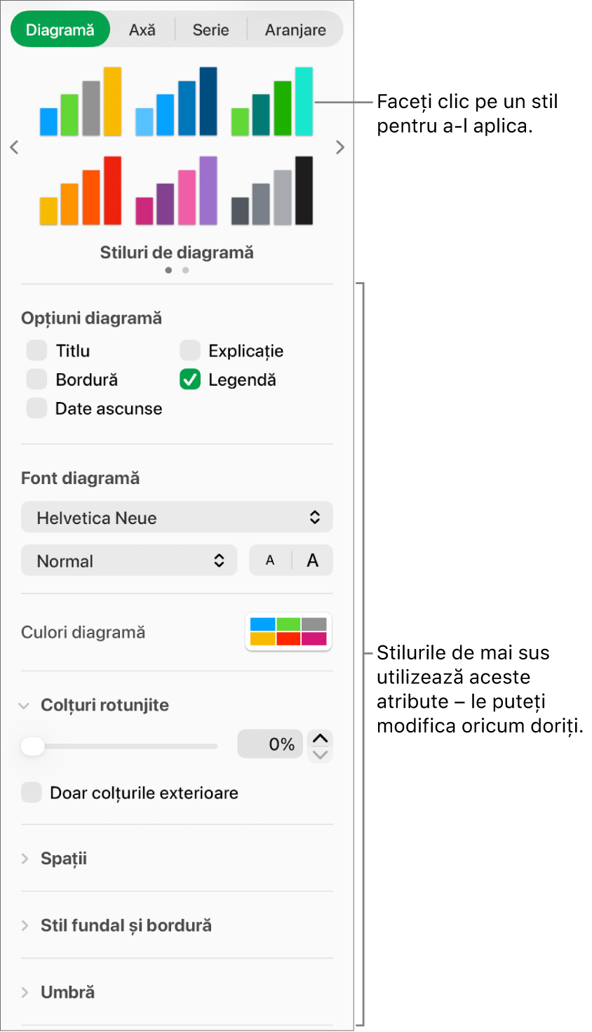 Bara laterală Formatare afișând comenzile pentru formatarea diagramelor.