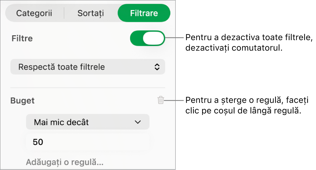 Comenzi pentru ștergerea unui filtru sau dezactivarea tuturor filtrelor.