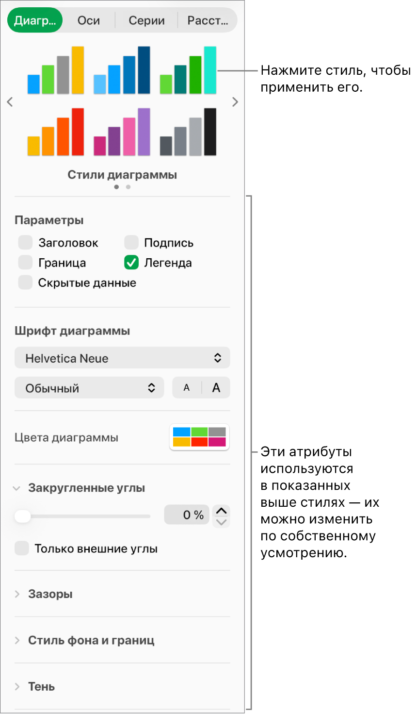 Боковое меню форматирования с элементами управления для форматирования диаграмм.