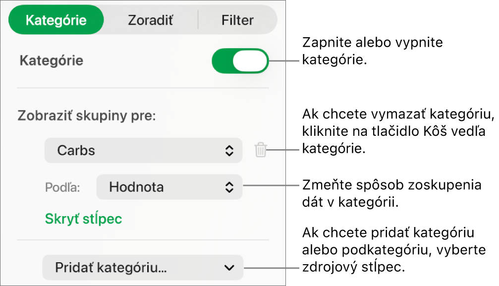 Postranný panel kategórií s možnosťami vypnutia kategórií, vymazania kategórií, zmeny zoskupenia dát, skrytia zdrojového stĺpca a pridania kategórií.