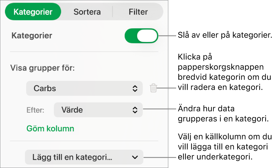 Kategorisidofältet med alternativ för att slå av kategorier, radera kategorier, gruppera om data, gömma en källkolumn och lägga till kategorier.
