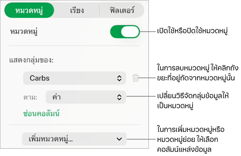 แถบด้านข้างหมวดหมู่พร้อมตัวเลือกสำหรับปิดใช้หมวดหมู่, ลบหมวดหมู่, จัดกลุ่มข้อมูลอีกครั้ง, ซ่อนคอลัมน์แหล่งข้อมูล และเพิ่มหมวดหมู่