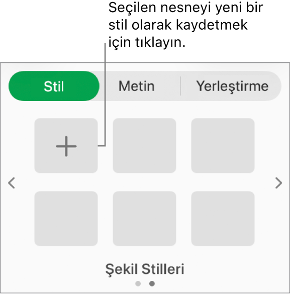 Dört görüntü stili, Stil Yarat düğmesi ve boş bir stil yer tutucusuyla Biçim kenar çubuğunun Stil sekmesi.
