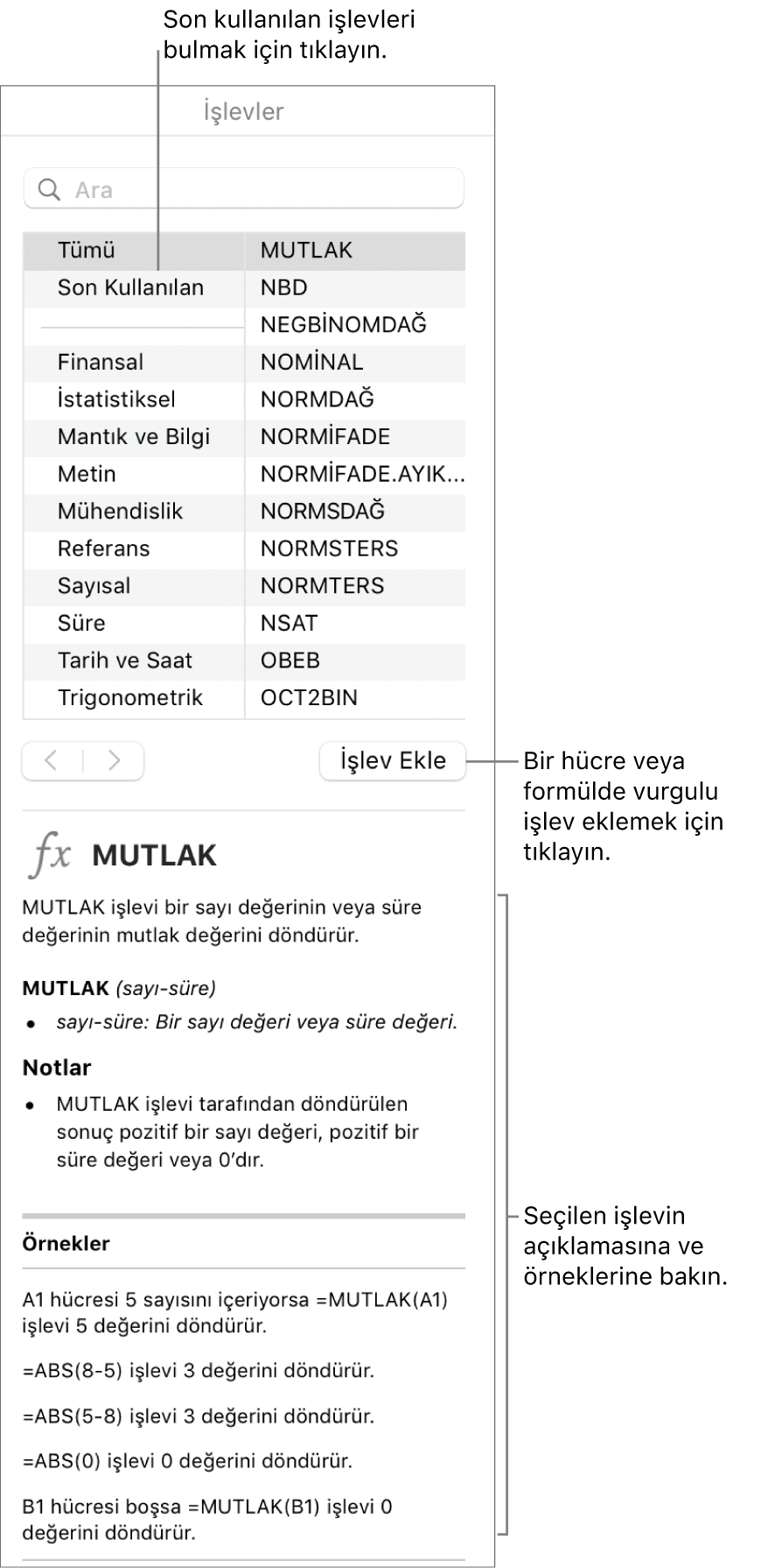 Son kullanılan işlevlere, İşlev Ekle düğmesine ve işlev tanımına belirtme çizgileriyle İşlev Tarayıcı.
