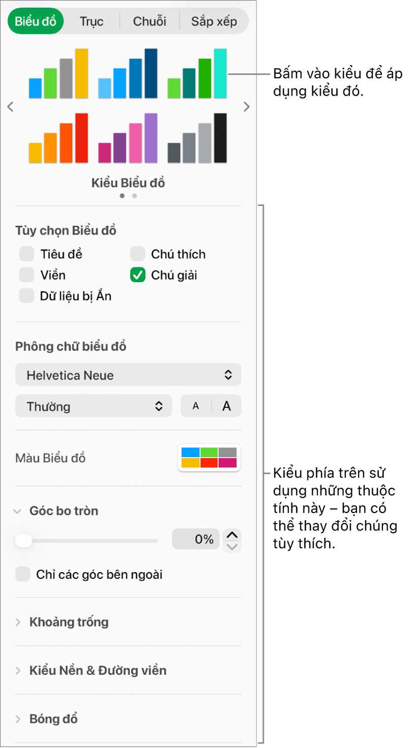 Thanh bên Định dạng hiển thị các điều khiển để định dạng biểu đồ.