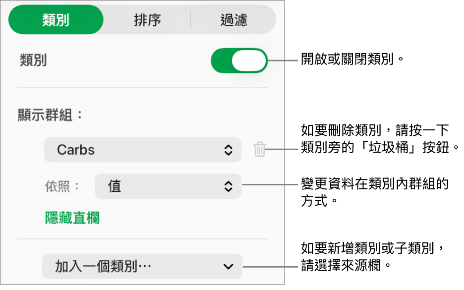 類別側邊欄包括以下選項:關閉類別、刪除類別、重新分類資料、隱藏來源欄和加入類別。