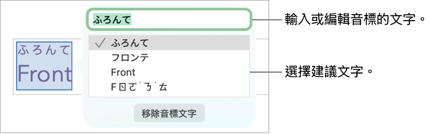 單字已啟用音標,帶有文字欄位和建議文字的說明文字。