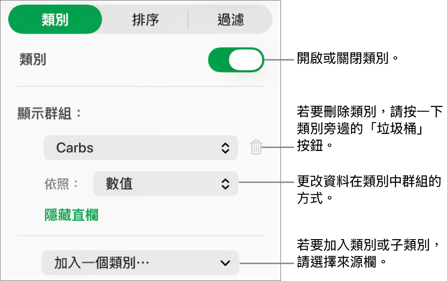類別側邊欄包含以下選項:關閉類別、刪除類別、重新分類資料、隱藏來源欄和加入類別。