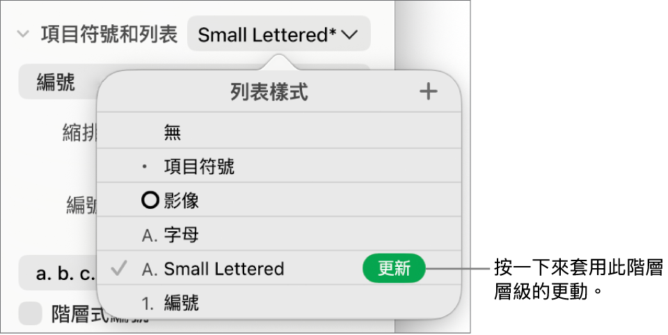 「列表樣式」彈出式選單,新樣式名稱旁邊有「更新」按鈕。