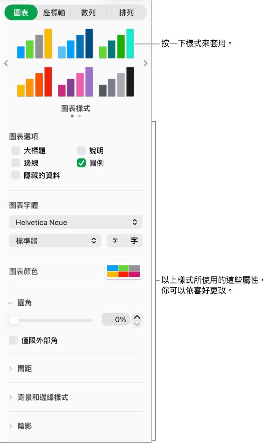 顯示格式畫圖表之控制項目的「格式」側邊欄。