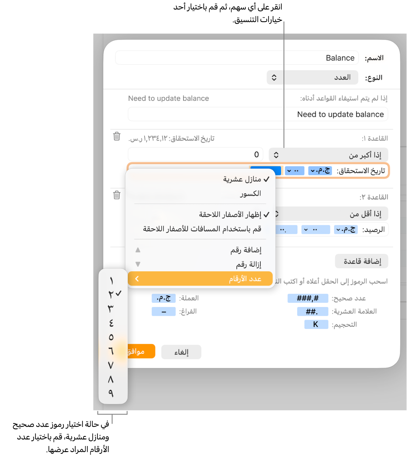 نافذة تنسيق خلية مخصصة مع عناصر التحكم لاختيار خيارات التنسيق المخصص.