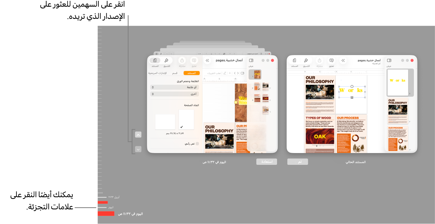 المخطط الزمني للإصدارات يعرض المستند الحالي على اليسار والإصدار الحالي على اليمين.