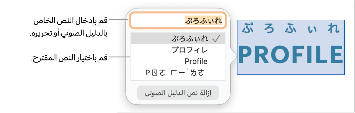 يفتح نص الدليل الصوتي لكلمة، مع وسائل شرح لحقل النص والنص المقترح.