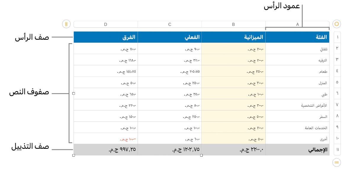 جدول يعرض صفوف وأعمدة الرأس، والمحتوى، والتذييل.