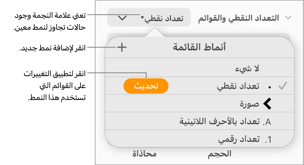القائمة المنبثقة أنماط القائمة وتعرض علامة نجمية تشير إلى تجاوز ووسائل شرح لزر نمط جديد، وقائمة فرعية بخيارات لإدارة الأنماط.