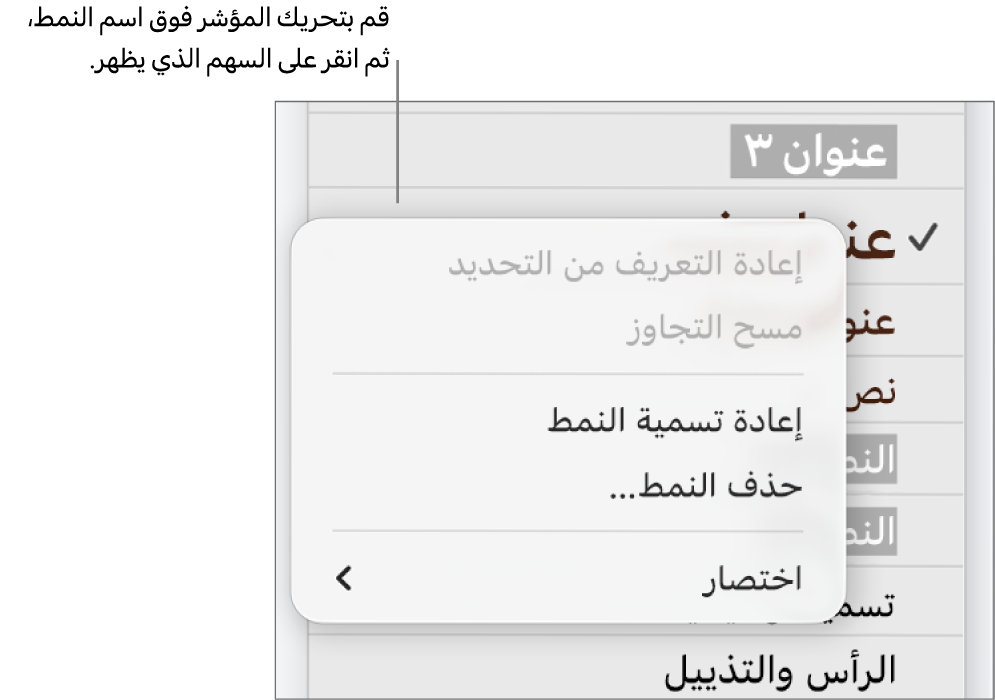 قائمة أنماط الفقرة مع قائمة الاختصارات مفتوحة.
